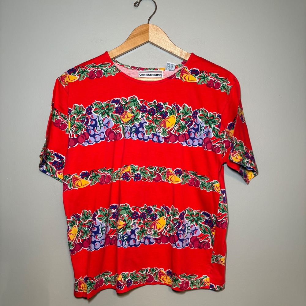 Westbound Vintage Red Fruit Stripe Cotton Top Short Sleeve Crew Neck Womens M